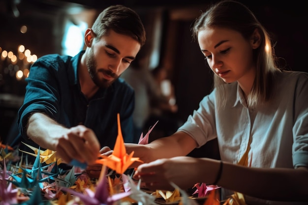 Fotografía de un joven y una mujer haciendo grúas de papel durante un taller cultural