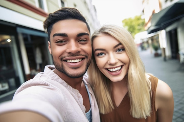 Fotografía de una joven pareja sonriente tomando selfies mientras están en una cita de día creada con IA generativa