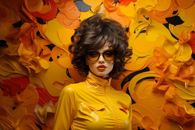 Foto fotografía de una joven poderosa con una chaqueta amarilla sobre un fondo amarillo