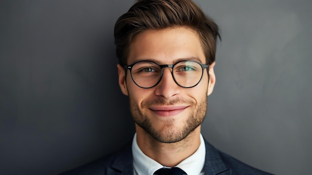 Fotografía de un joven profesional con gafas y traje tiene una sonrisa amistosa y está mirando directamente a la cámara