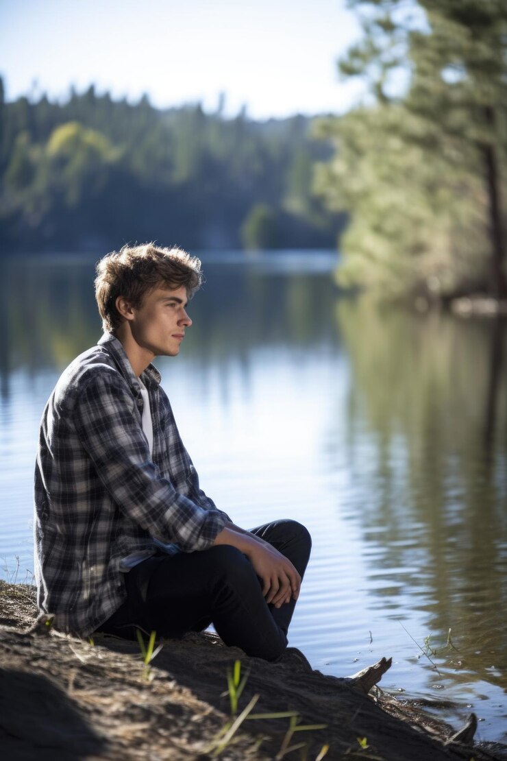 Fotografía de un joven sentado junto a un lago