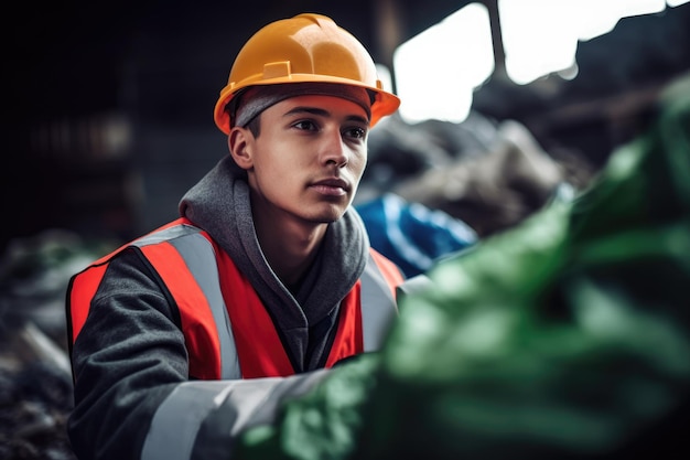 Fotografía de un joven trabajando en una planta de reciclaje