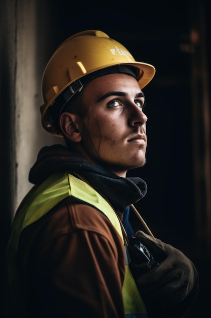 Fotografía de un joven trabajando en un sitio de construcción creado con IA generativa