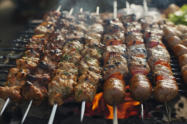 Fotografía de kebabs de carne a la parrilla y ensalada