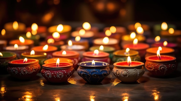 Fotografía de lámparas diya de arcilla encendidas durante la celebración del festival hindú de luces de Diwali
