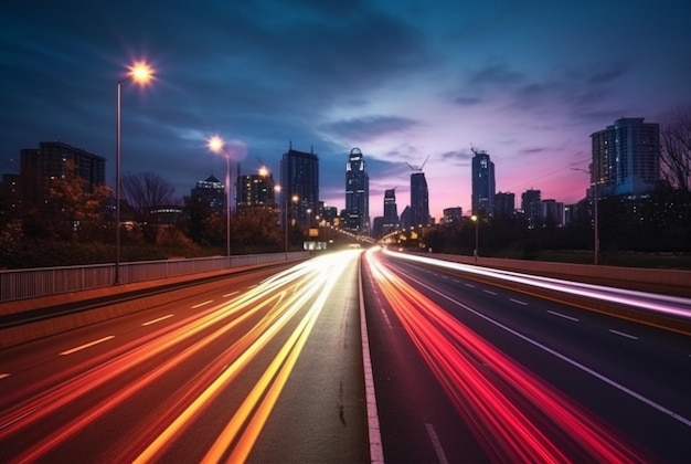 fotografía de lapso de tiempo de la carretera en el fondo nocturno ai generativo