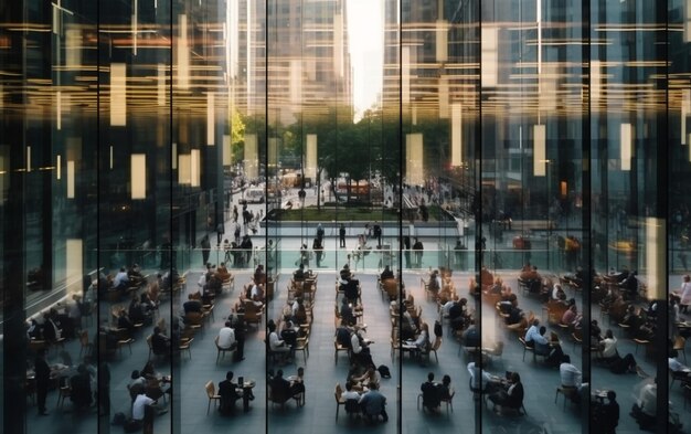 Fotografía de lapso de tiempo de hombres de negocios ocupados en movimiento rápido que se reflejan en el vidrio del edificio