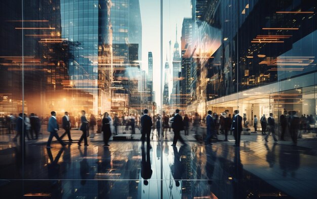 Fotografía de lapso de tiempo de hombres de negocios ocupados en movimiento rápido que se reflejan en el vidrio del edificio