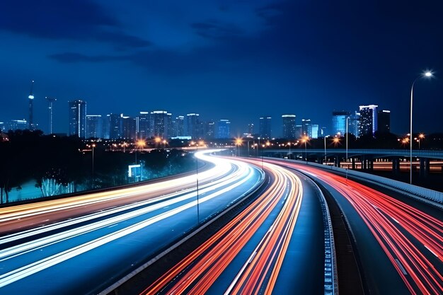 Fotografía en lapso de tiempo de luces de vehículos en rápido movimiento en el puente por la noche en la ciudad