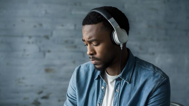 Fotografia lateral de um homem afro-americano triste olhando para baixo e ouvindo música melancólica em headph