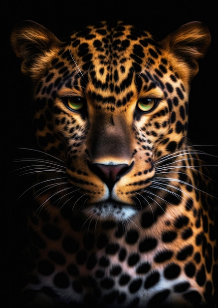 Fotografía de un leopardo salvaje sobre un fondo oscuro conceptual para el marco