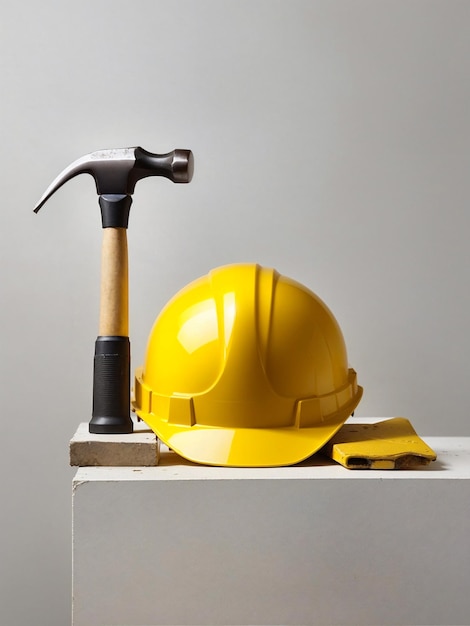 Fotografia limpa de um capacete amarelo e martelo para propaganda do Dia do Trabalho gerada por IA