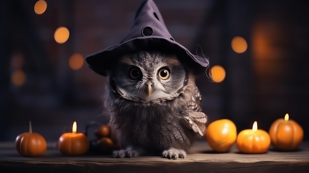 una fotografía de un lindo búho usa un sombrero de bruja para la celebración de halloween