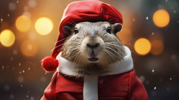 una fotografía de un lindo capibara con traje y sombrero de Papá Noel para la celebración navideña
