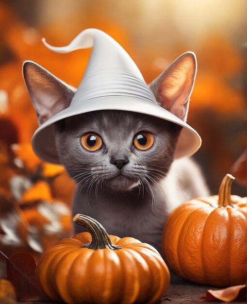 fotografia lindo e terno gato cinza abóboras de Halloween