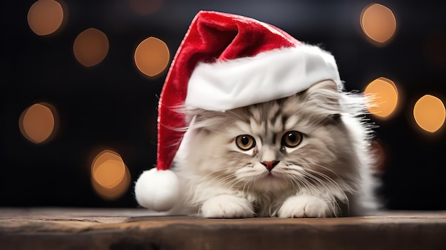 Una fotografía de un lindo gato birmano sonriente y feliz vestido con un traje de Papá Noel