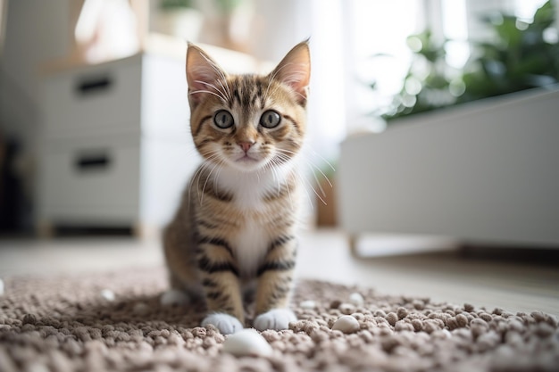 Fotografía de un lindo gato cerca de la caja de arena en la habitación