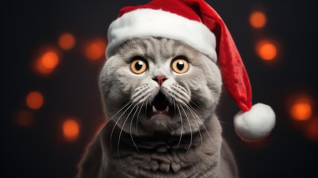 una fotografía de un lindo gato plegado escocés con traje de Papá Noel