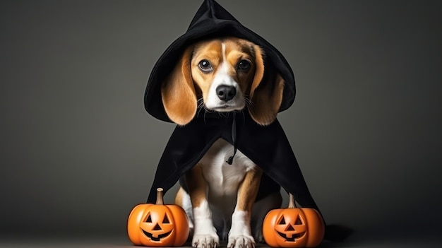 una fotografía de un lindo perro beagle usa un sombrero de bruja para la celebración de halloween