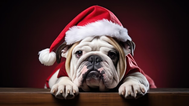 una fotografía de un lindo perro Bulldog vestido con traje y sombrero de Papá Noel para la celebración navideña