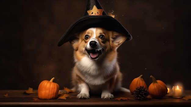 una fotografía del lindo perro corgi galés pembroke usa sombrero de bruja para la celebración de halloween