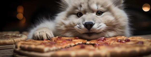 Una fotografía de un lindo perro junto a una pizza clásica esperando permiso para comer