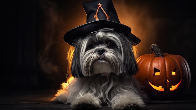 una fotografía de un lindo perro shih tzu usando un sombrero de bruja para la celebración de halloween