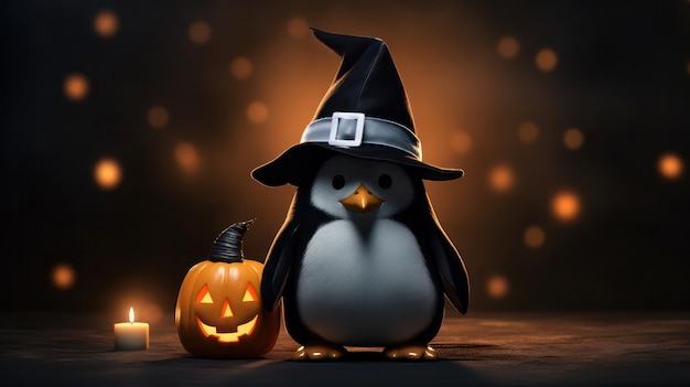 Una fotografía de un lindo pingüino que usa sombrero de bruja para la celebración de Halloween.