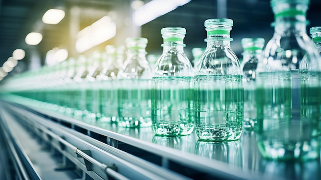 Fotografía de una línea de embotellado de bebidas en botellas de plástico en una fábrica de luz limpia