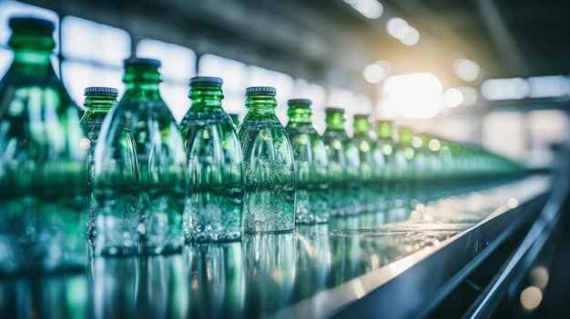 Fotografía de una línea de embotellado de bebidas en botellas de plástico en una fábrica de luz limpia