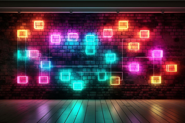 Fotografía de luces de neón futuristas modernas en la vieja pared de ladrillo grunge del fondo de la habitación renderización 3D