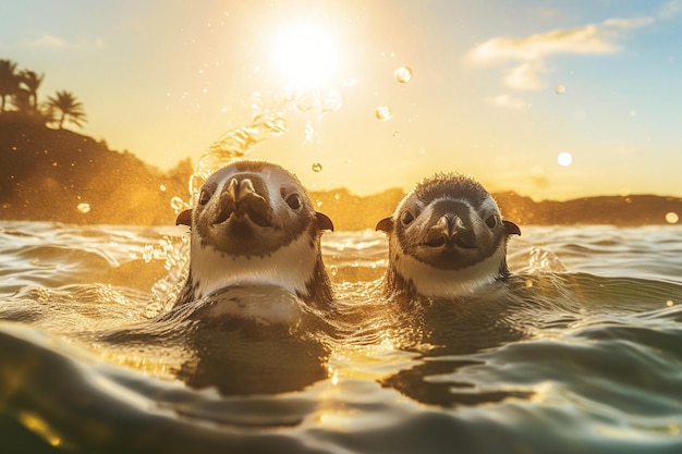 Fotografía lúdica de pingüinos jugando con hielo