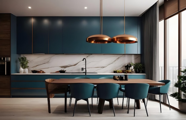 Fotografía de lujo moderno cocina de colores ricos y diseño de interiores de vida minimalista renderización 3D