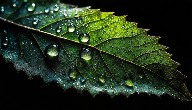 Fotografía macro 2x de una hoja de árbol con gotas de agua en su superficie