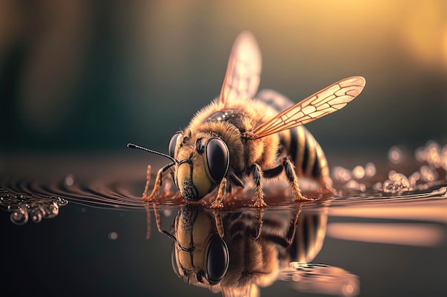 Fotografía macro de una abeja en el agua Generada por IA