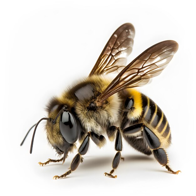 Fotografía macro de abeja en fondo blanco.