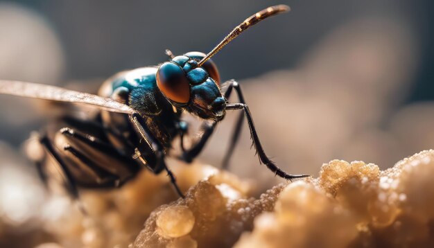 Fotografía macro de una abeja en un panal de foco selectivo