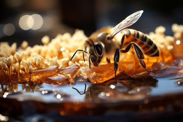 Fotografía macro de abejas con miel y panal de fondo trabajo de abejas de verano toma de detalle de la luz del día