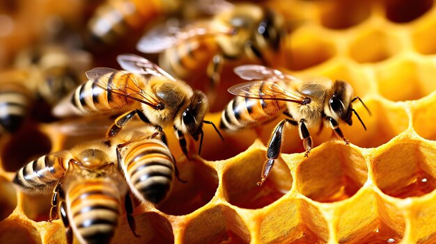 Fotografía macro de abejas trabajadoras en panales Apicultura y producción de miel IA generativa