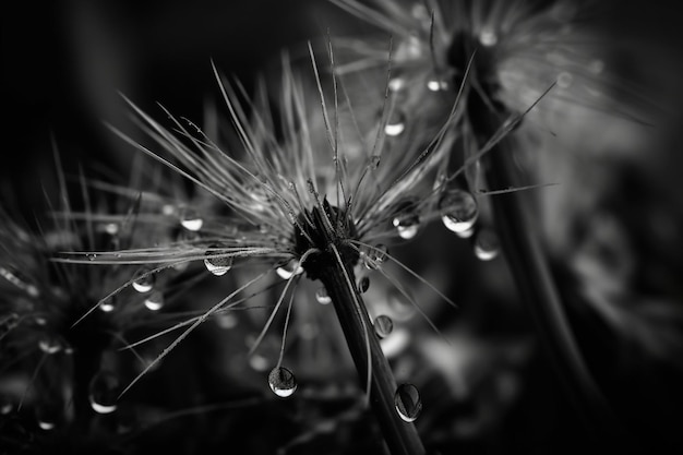 Fotografía macro abstracta de semillas de diente de león con gotas de agua en escala de grises