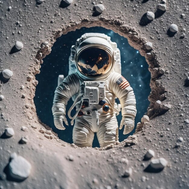 Fotografía macro de un astronauta en miniatura en la luna con su cohete generado por ai