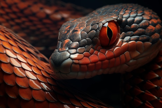 Fotografía macro de cabeza de serpiente con ojos rojos