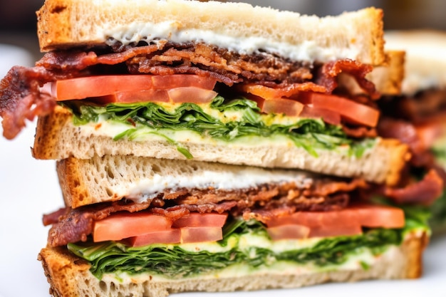 Fotografía macro de las capas dentro de un sándwich blt