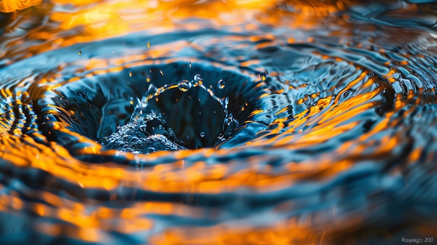 Fotografia macro capturando fluxo de água abstrato em tons de azul e laranja