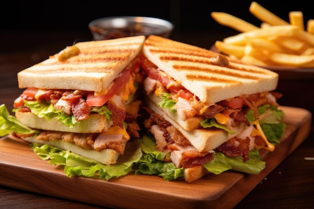 Fotografía macro de cerca de un sándwich club sobre una tabla de madera con papas fritas, salsa de ketchup elegante