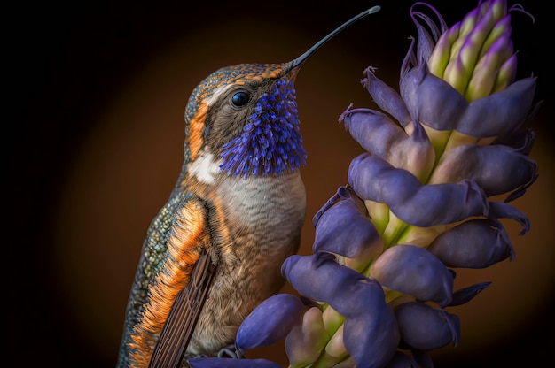 Fotografía macro de un colibrí alimentándose de una flor de jacinto