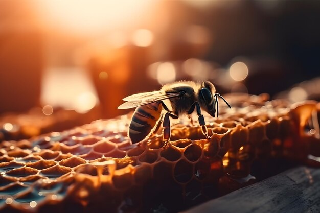 Fotografía macro de una colmena de abejas en un panal con copyspace Las abejas producen miel fresca y saludable Concepto 3D de apicultura Abeja al atardecer Hermoso fondo o papel tapiz Ai generativo