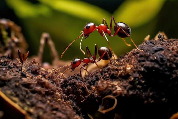 Fotografía macro de una colonia de hormigas que llevan comida de vuelta a su nido subterráneo