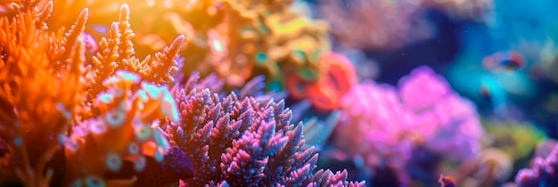 Fotografía macro de un colorido arrecife de coral que captura los vibrantes tonos y las intrincadas estructuras del ecosistema submarino IA generativa