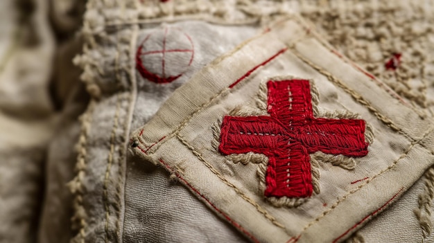 Fotografía macro de una cruz roja con textura bordada en una tela de crema con costuras intrincadas